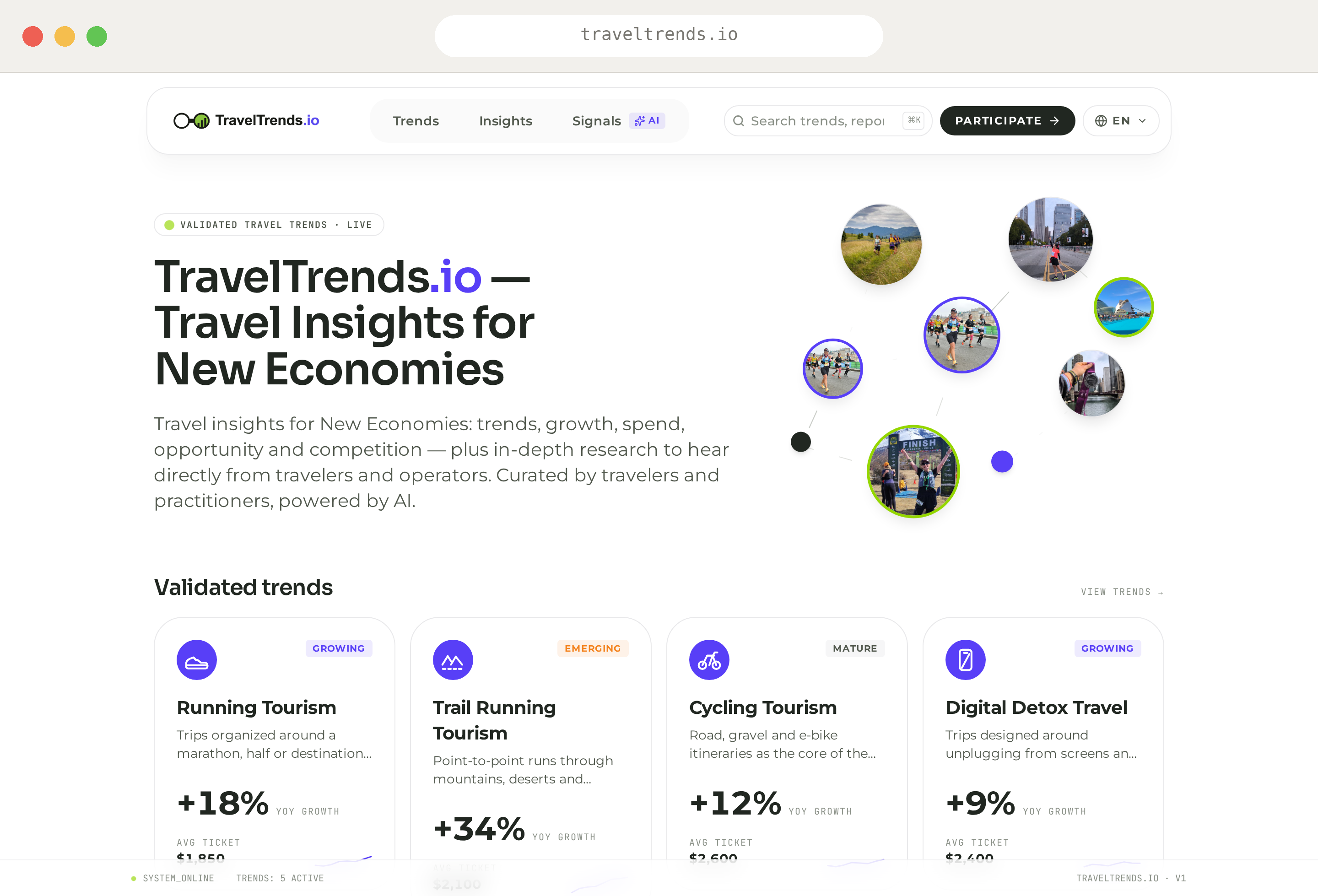 Home de TravelTrends.io en desktop: hero con tendencias de viaje validadas y tarjetas de crecimiento