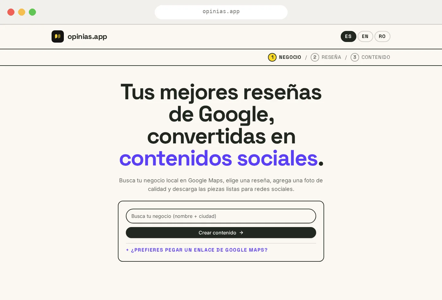 Página de inicio de opinias.app con el flujo para buscar un negocio en Google Maps