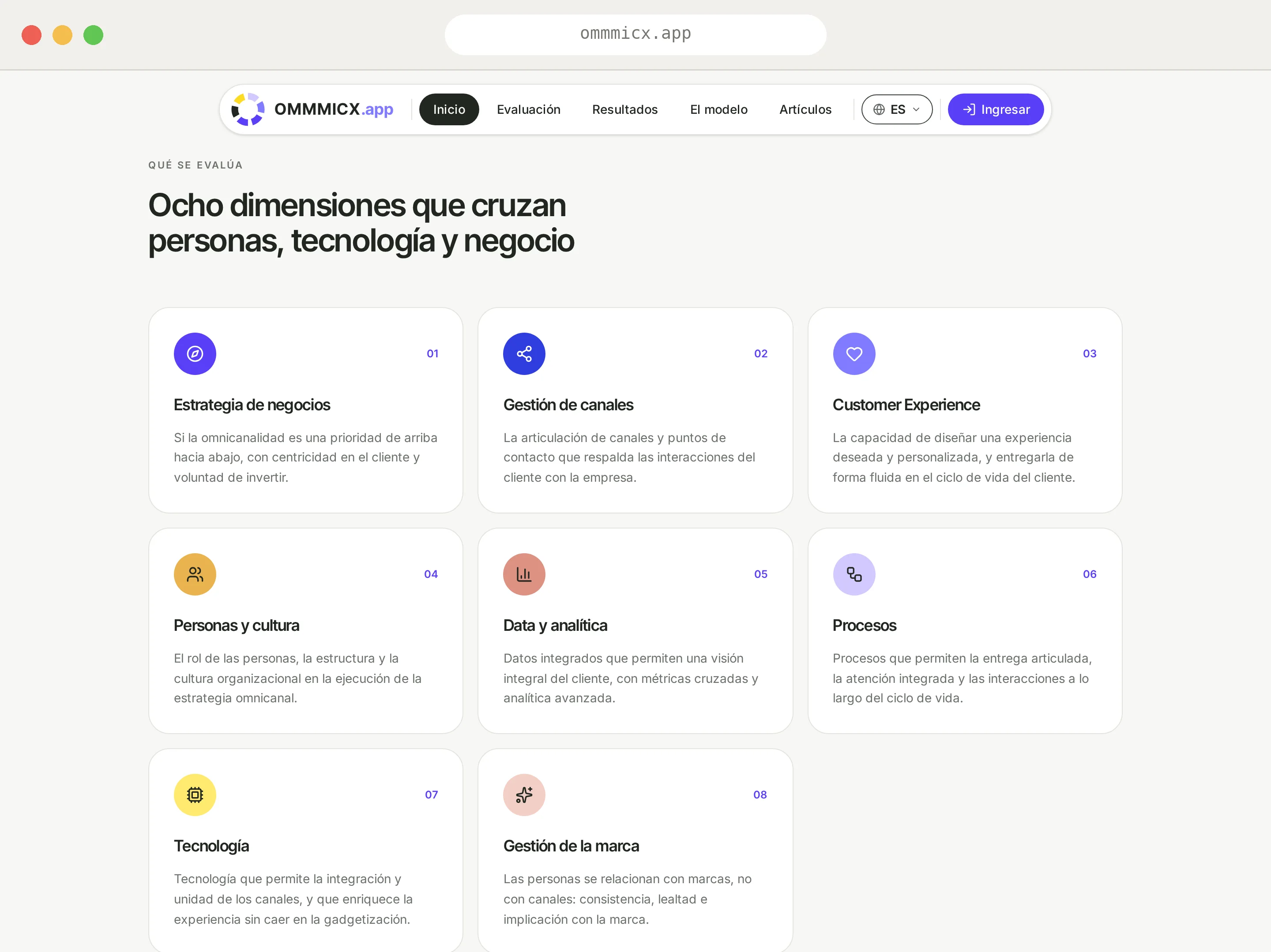 Las ocho dimensiones evaluadas por OMMMICX presentadas en tarjetas