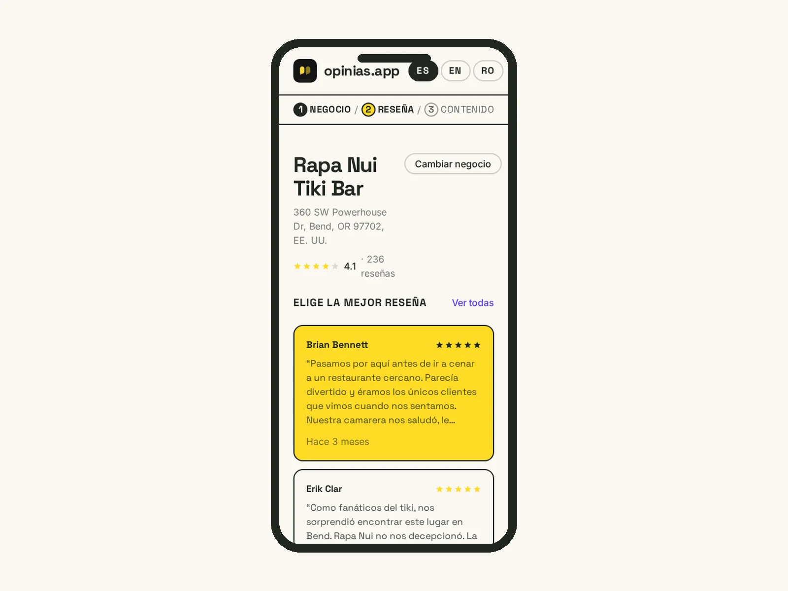 Selección móvil de reseñas reales en opinias.app