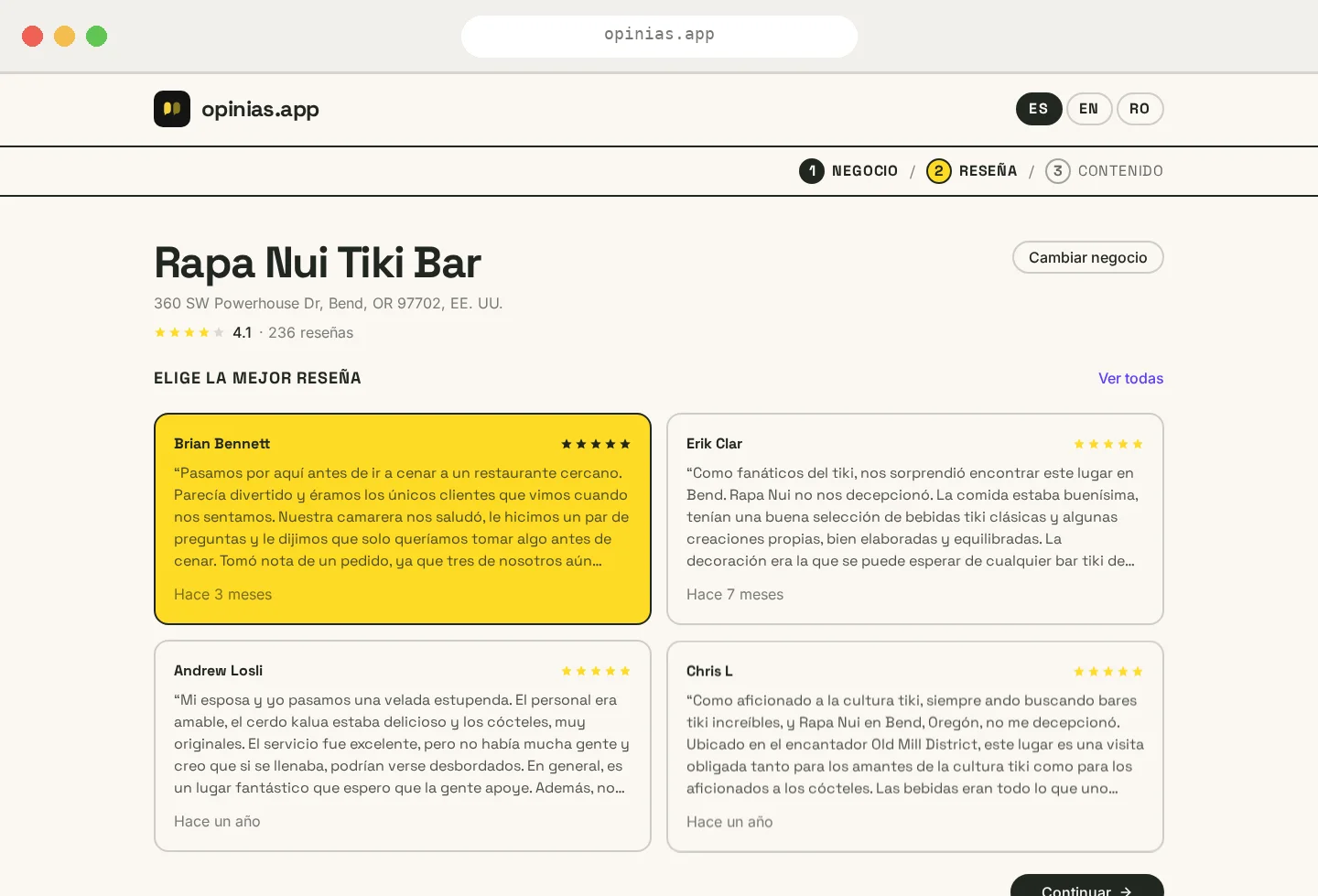 Selección de reseñas reales de Google en opinias.app en vista de escritorio
