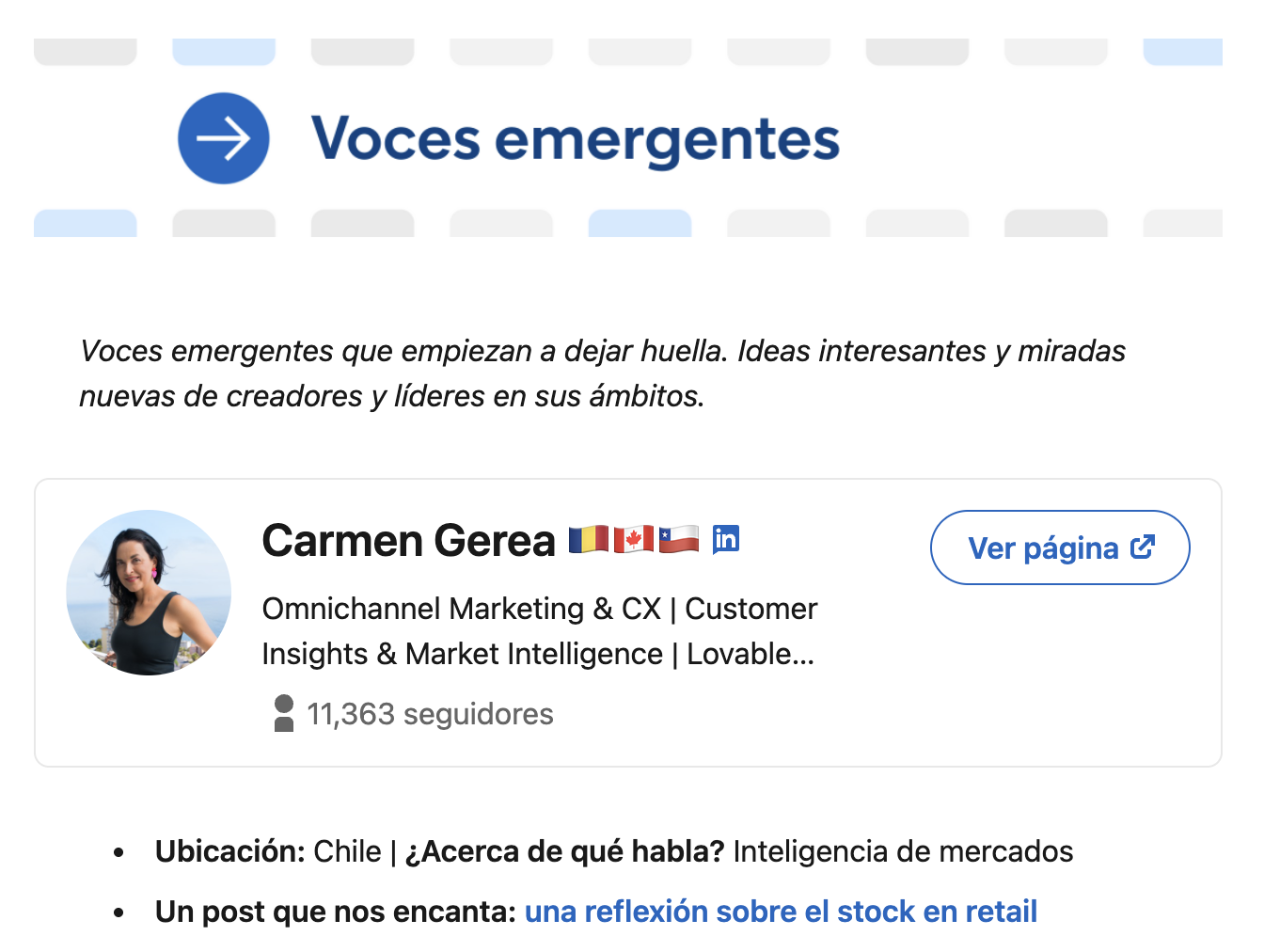 Carmen Gerea destacada en Voces Emergentes de LinkedIn