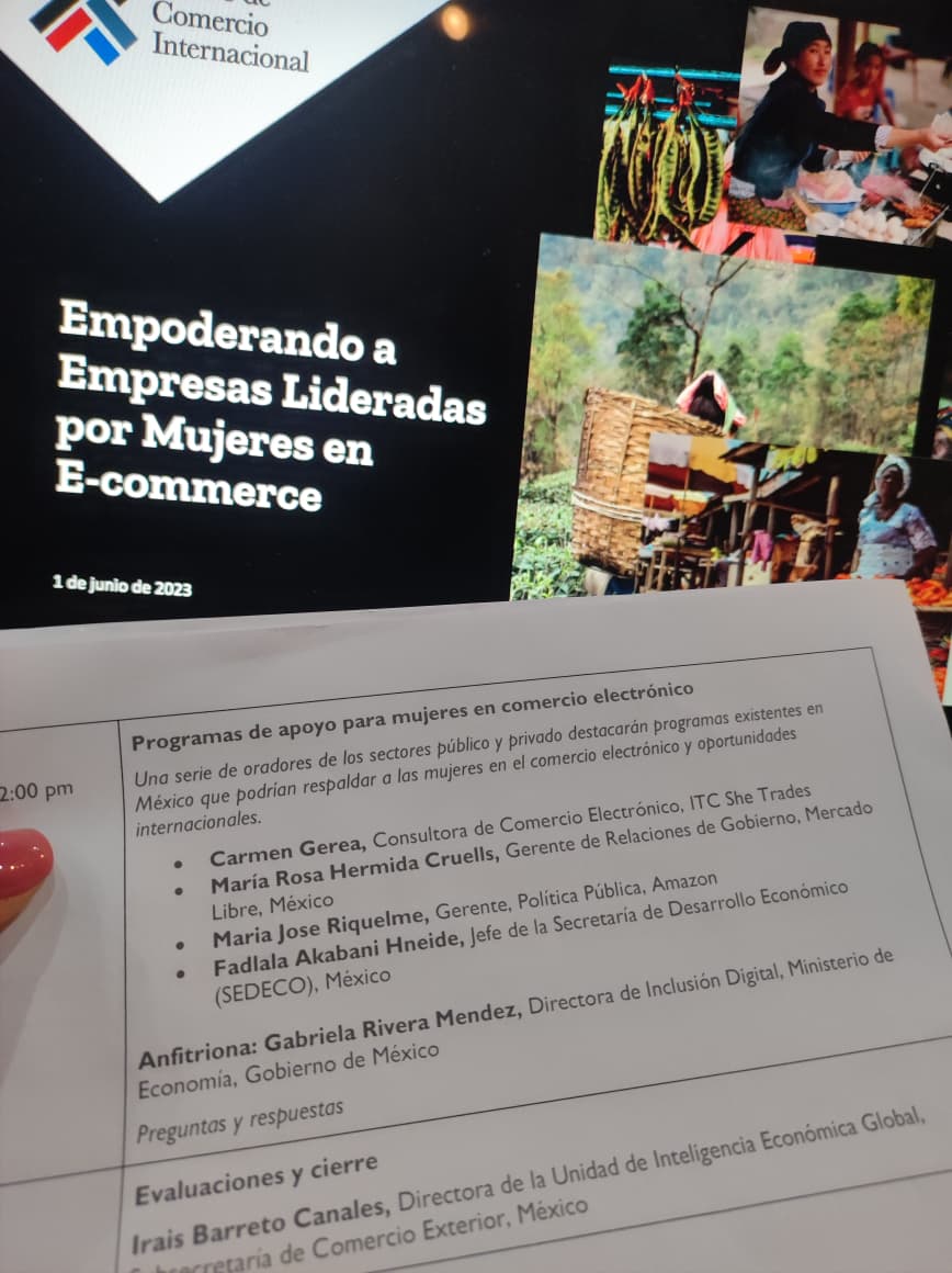 Programa oficial del Taller APEC con la sesión Programas de apoyo para mujeres en comercio electrónico, con Carmen Gerea como expositora de ITC SheTrades