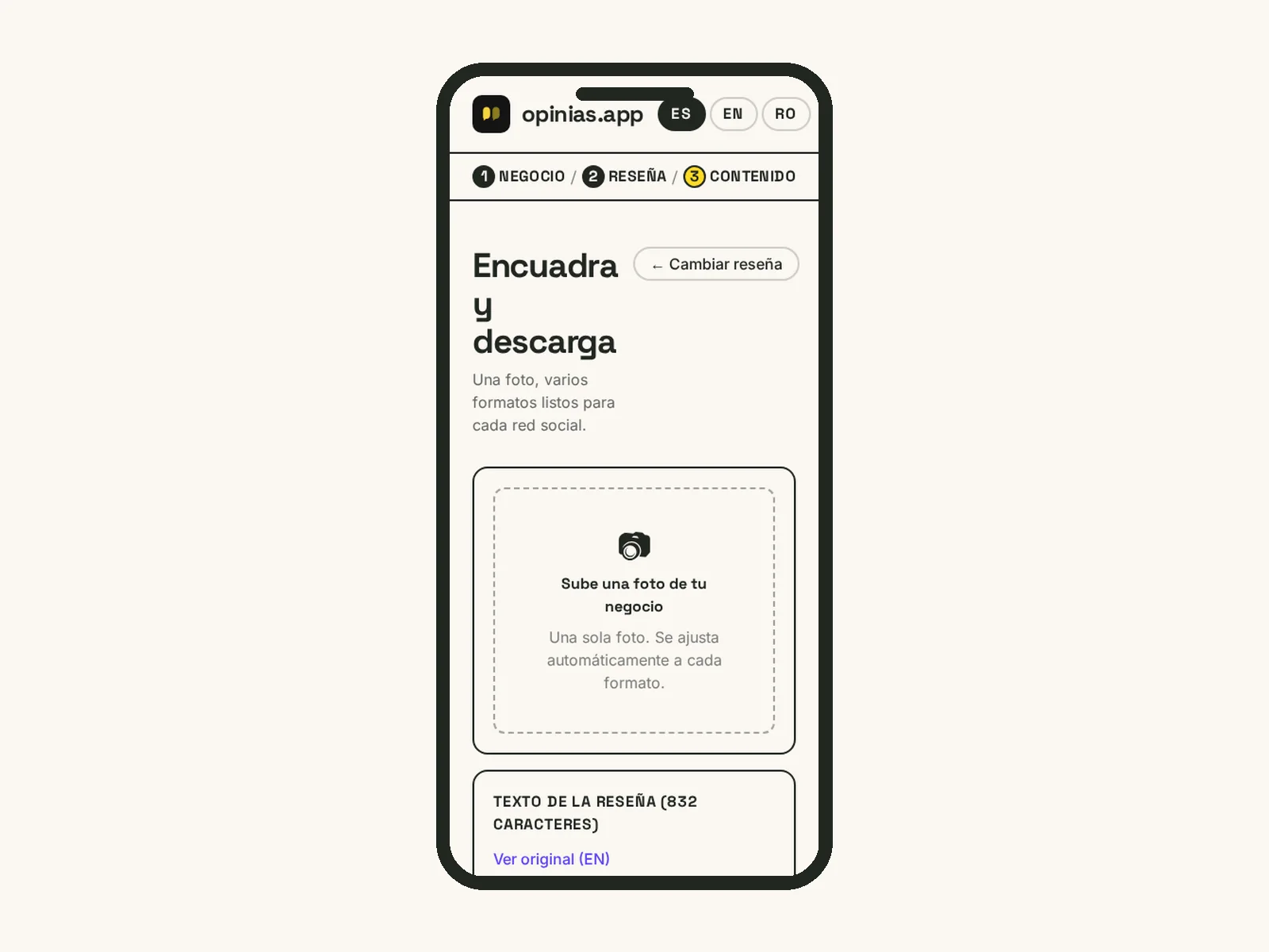 Vista móvil de las piezas sociales generadas por opinias.app