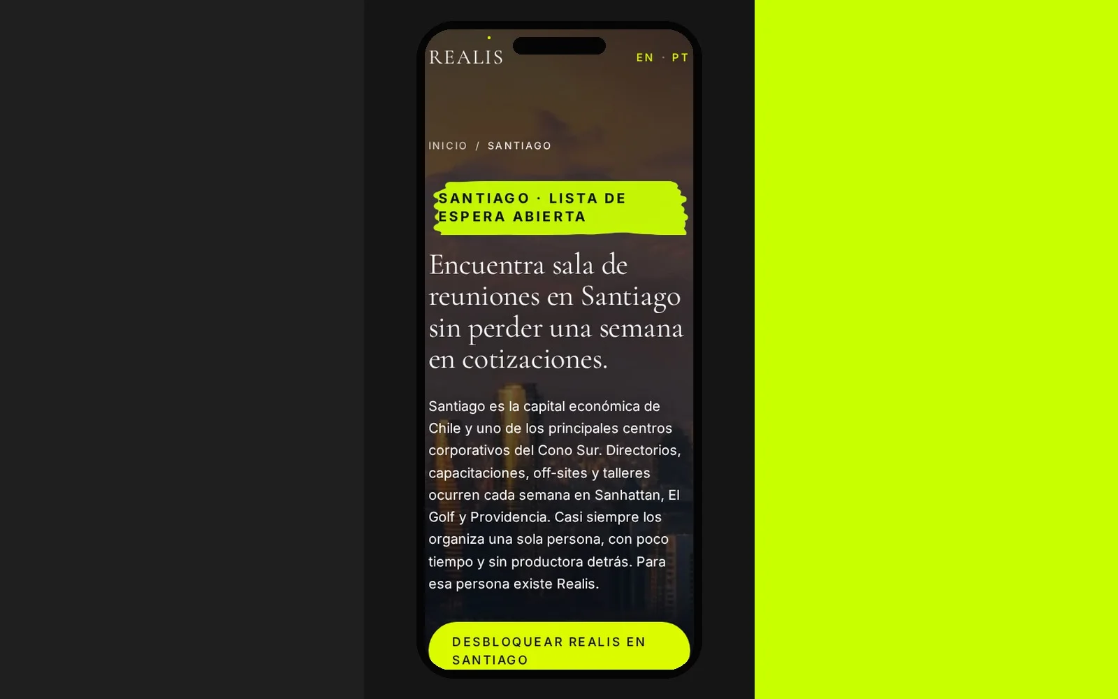 Vista móvil de la lista de espera de REALIS para Santiago de Chile