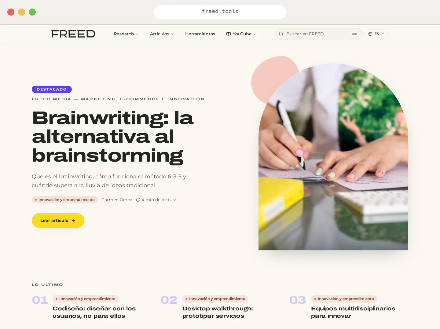 Home de FREED Tools en desktop, con artículo destacado y últimos contenidos