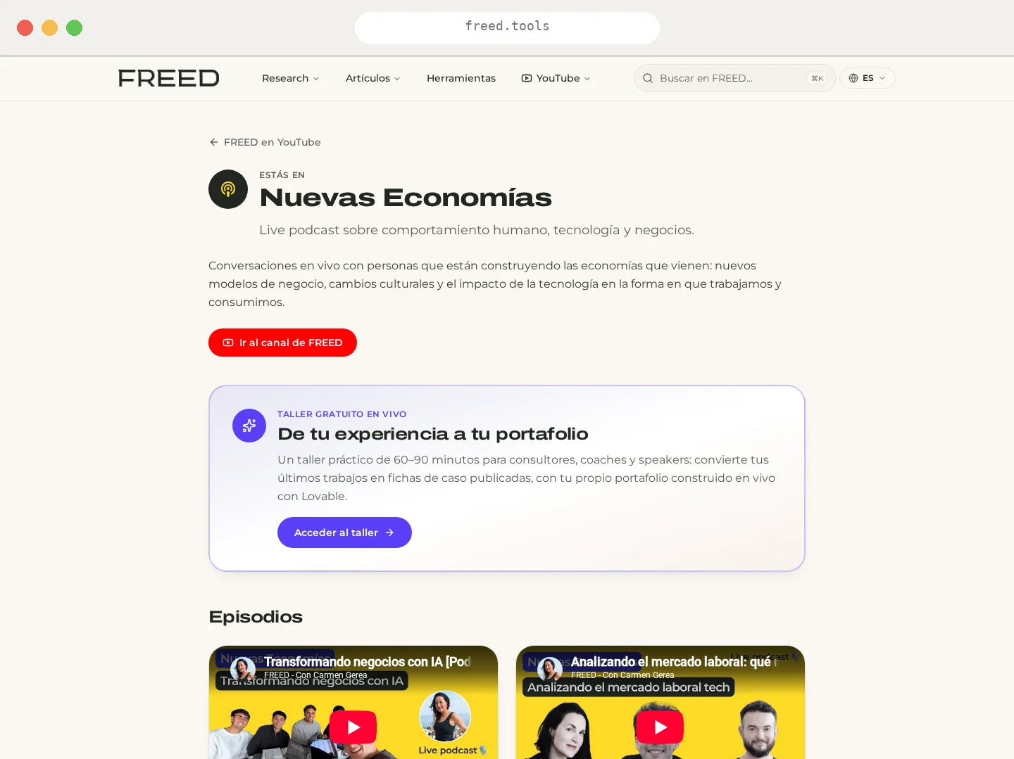Sección del live podcast Nuevas Economías en FREED Tools, con acceso al taller y episodios