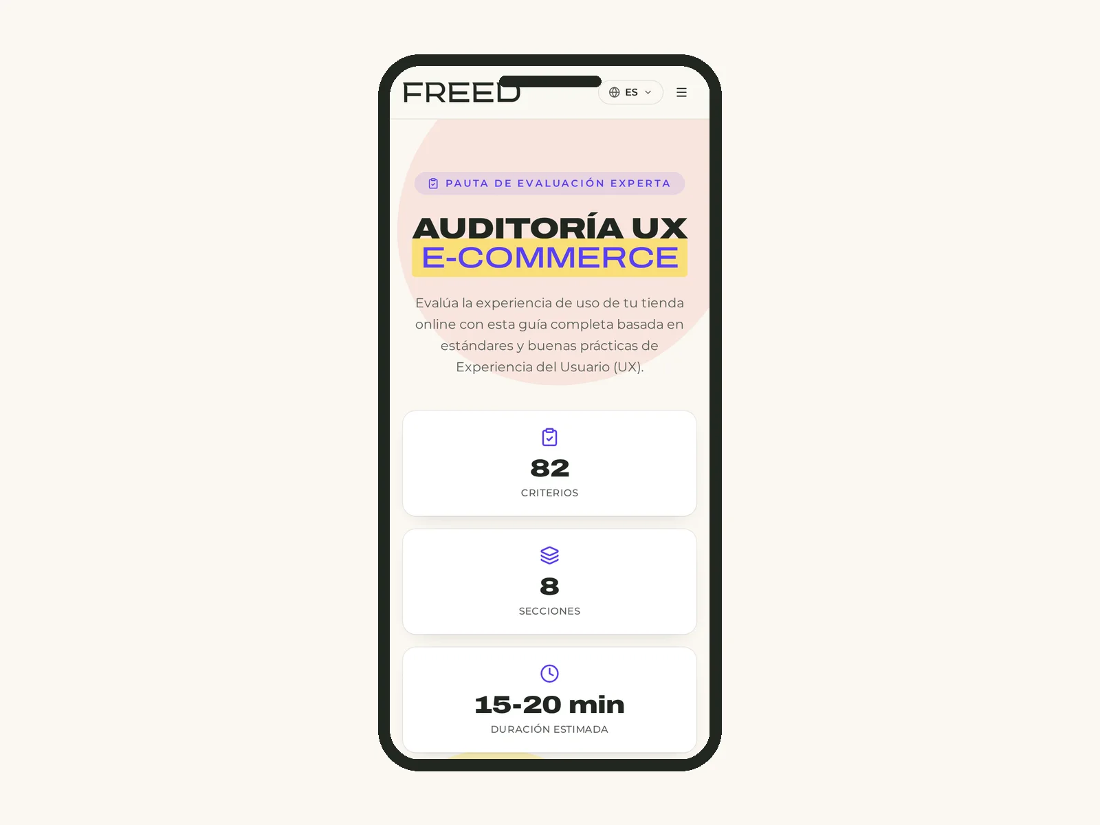 Pauta de auditoría UX de FREED Tools vista en un teléfono móvil