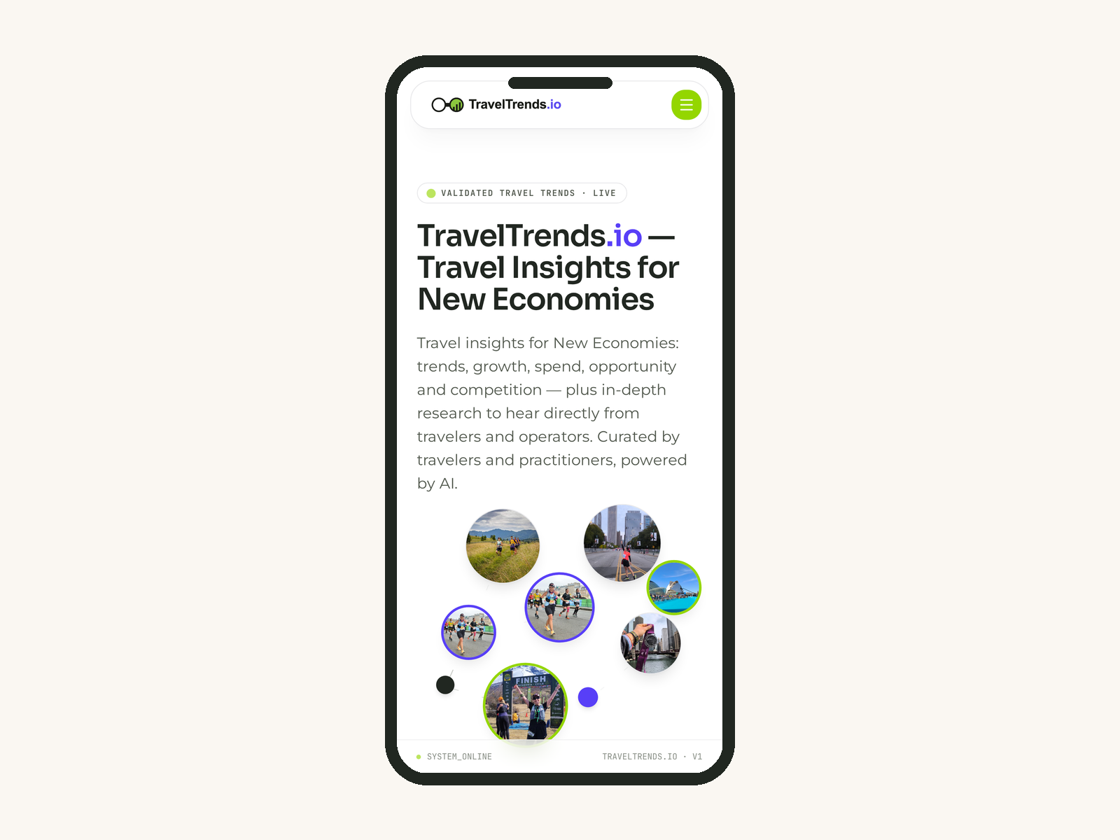 Pagina principală TravelTrends.io pe mobil